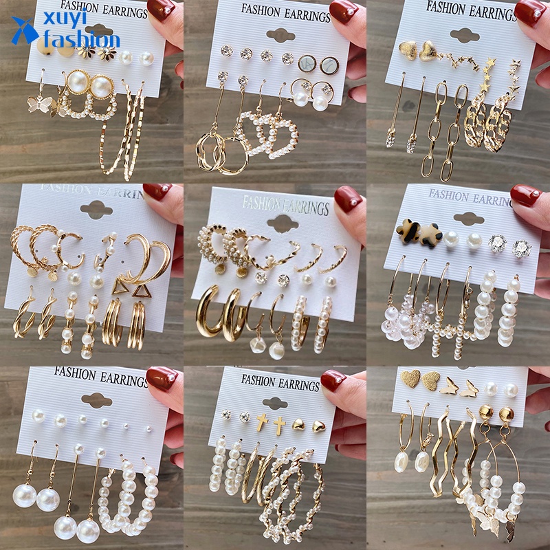 เซตต่างหูสตั๊ดคริสตัล ไข่มุก สไตล์เรโทร สำหรับผู้หญิง 12 ชิ้น / เซต