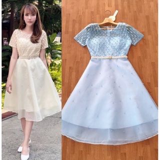 ชุดราตรี!!! L-6XL Mini Dress เดรสสีครีมทอง,เดรสสีฟ้าผ้าปักลูกไม้และมุก+เข็มขัดมุก งานป้าย Love Love