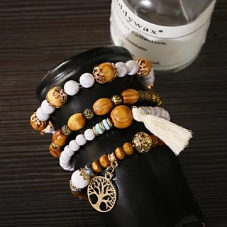 4 ชิ้น / เซต สร้อยข้อมือ โบฮีเมียน หลายชั้น ลูกปัดไม้ สําหรับผู้หญิง วินเทจ พู่ ดอกกุหลาบ สร้อยข้อมือ Femme เครื่องประดับ