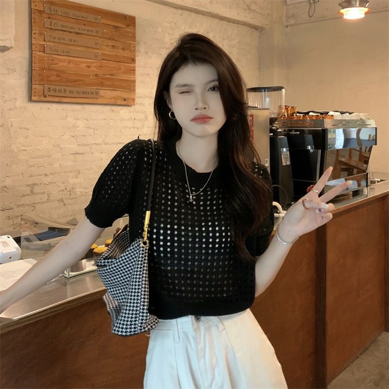 Vogue🌟พร้อมส่ง🌟 เสื้อถักไหมพรมแขนสั้น ซีทรูเบาๆสไตล์เกาหลีมาก (99025/99025-1-C) -N