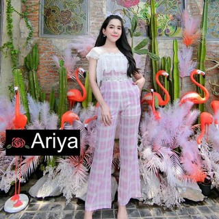 Size XL 💗 งานป้าย Ariya 💗 จั๊มสูทขายาว สีชมพู ลายตาราง