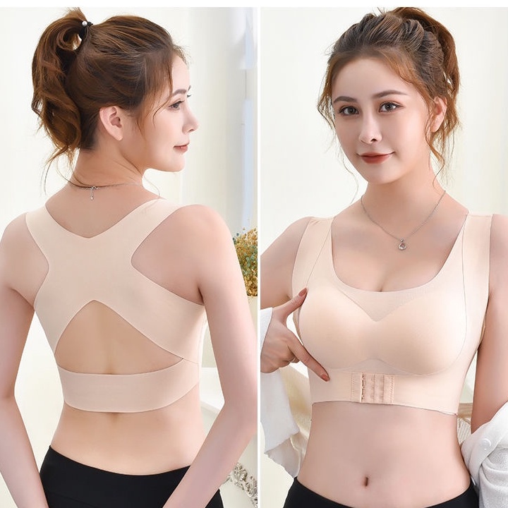 พยุงหลังไร้สาย Push Up Bralette Bras ผ้าไหมน้ําแข็งชุดชั้นในไร้รอยต่อหญิงหัวเข็มขัดด้านหน้าไม่มีลวดรวบรวมการแก้ไขหลังค่อมที่สวยงาม