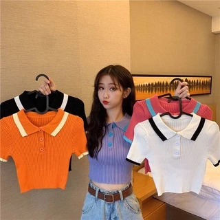 SALABO(พร้อมส่ง)เสื้อครอปเเขนสั้นไหมพรม คอปก(เอวลอย) ตัดขอบสี #M1