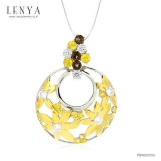 Lenya Jewelry จี้พลอยสโมคกี้ควอตซ์ บุษราคัม และเพชร DiamondLike บนตัวเรือนเงินแท้ชุบสีทูโทนทองคำและทองคำขาวแท้