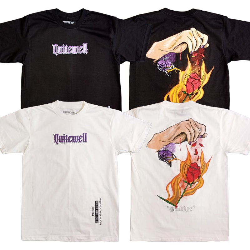 QUITEWELL เสื้อยืดแขนสั้น 199 ROSE BURN เสื้อผู้ชาย Oversize สีดำ วินเทจ ลายไฟ กุหลาบ