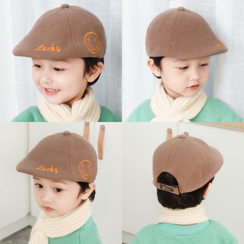 [พร้อมส่ง] หมวกเด็ก 4เดือน - 2ปี รอบหัว 48-50 cm. หมวกแฟลตแค๊ปทรงติงลี ปักอักษร Lucky หน้ายิ้ม