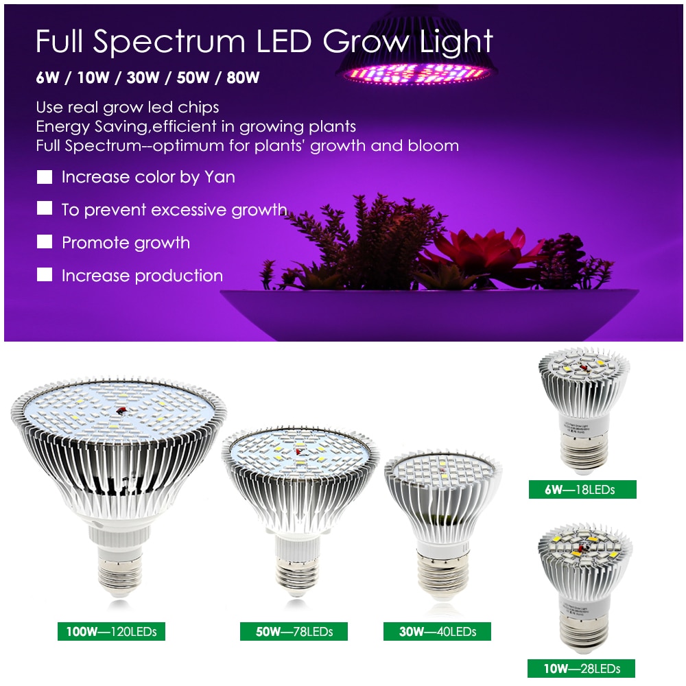 Adiodo LED Grow Light Full Spectrum 6W 10W 30W 50W 80W E27 หลอดไฟ LED ...