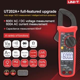 Uni-t UT202A+ เครื่องมัลติมิเตอร์ดิจิทัล AC DC นับ 6000 ครั้ง RMS แบบยืดหยุ่น เก็บข้อมูลแรงดันไฟฟ้ากระแสสลับ DC / AC 600A แรงดันกระแสไฟ AC ปัจจุบัน Digital Clamp Me 4.8 Digital Multimeter 6000 counts RMS Flexible Data Hold AC Voltage AC Voltage Current Di