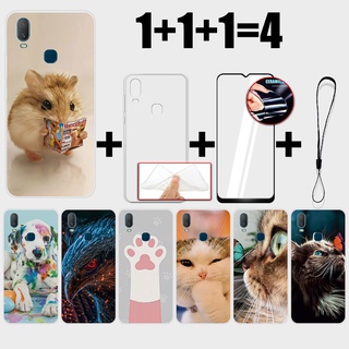 3 IN 1 VIVO Y11 เคส พร้อมกระจกนิรภัยโค้ง ป้องกันหน้าจอเซรามิค และเคสใส แมว และสุนัข