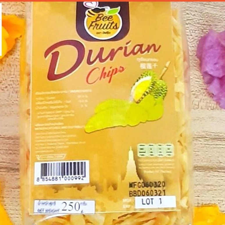 ทุเรียนทอด Durian Chip   250 g.ชิ้นเล็ก ตราบีฟรุ๊ต คัดสรรทุเรียนหมอนทองแก่จัด ทอดกรอบ อบให้แห้ง ไร้น้ำมัน อร่อย สะอาด