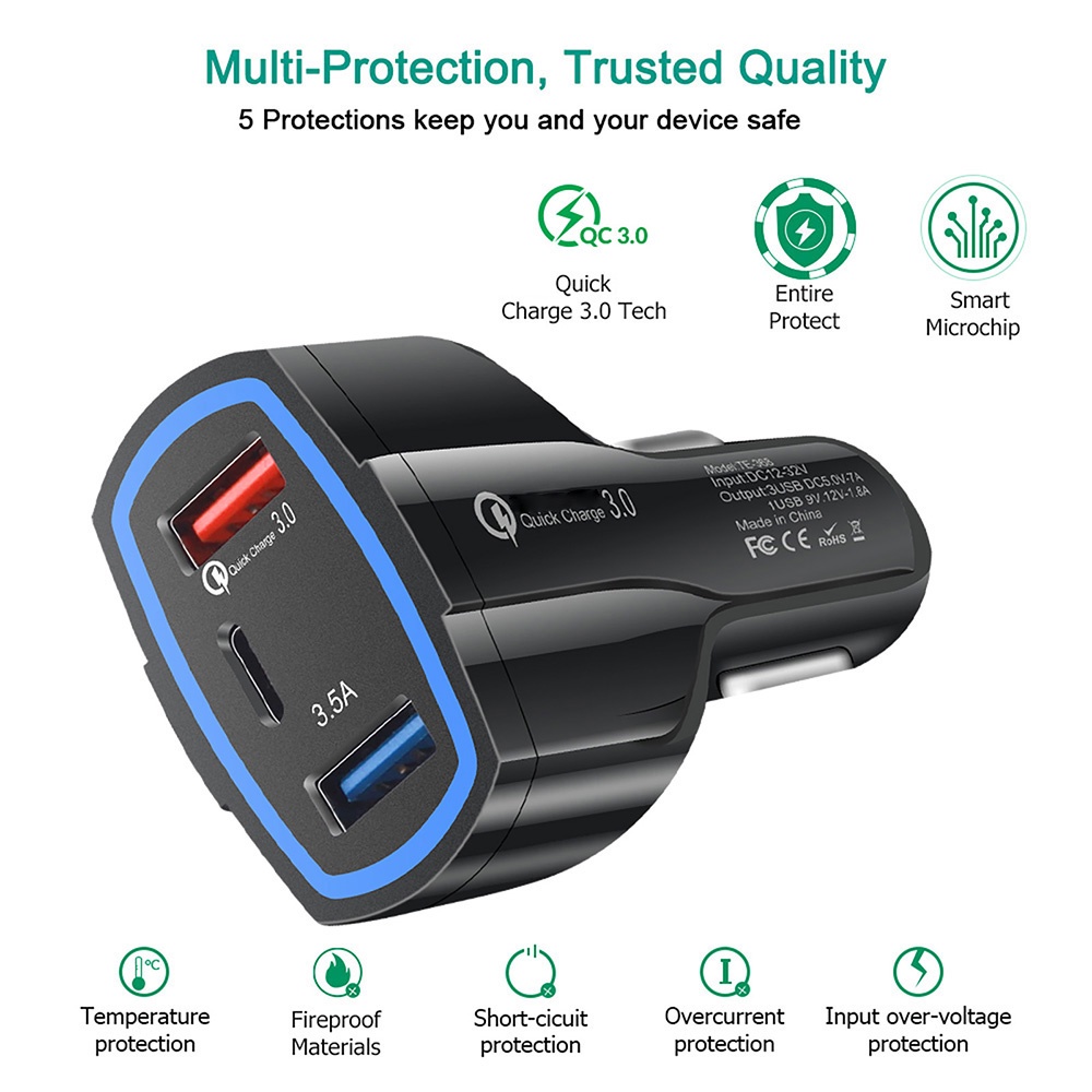 ที่ชาร์จแบตในรถ ที่ชาร์จในรถยนต์  3 พอร์ต ชาร์จเร็ว Quick Charge 3.0 7A micro usb + Type-c