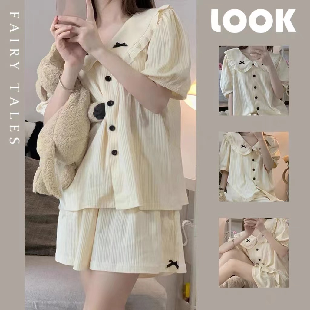 พร้อมส่ง ชุดนอนผ้าคอตตอน แขนขาสั้น สไตล์เกาหลี ผู้หญิง