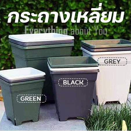 กระถางเหลี่ยม กระถางพลาสติก ทรงสูง สีเทาอ่อน