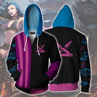 เสื้อแจ็กเก็ต เสื้อคาร์ดิแกน แขนยาว มีฮู้ด พิมพ์ลายอนิเมะ Jinx 3 มิติ มีซิป พลัสไซซ์ สําหรับผู้ชาย และผู้หญิง