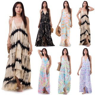 เดรสเปิดหลัง เดรสเปิดหลังมัดย้อม Maxi Dress เดรสใส่ไปทะเล เดรสสายเดี่ยวมัดย้อม เดรสเปิดหลังสีลูกกวาด