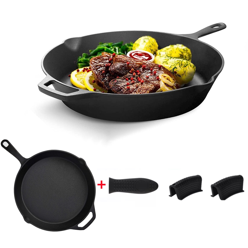 24cm Pre-Seasoned Cast Iron Skillet Bundle - Cast Iron Frying Pans Heavy Duty Chef Quality Pan Cookware Set For Indoor