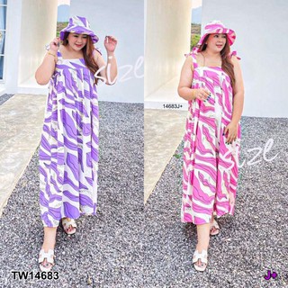 J14683 Maxi Dress #BigSize  เดรสสายเดี่ยว ผูกโบว์ไหล่  ลายกราฟฟิก + หมวก