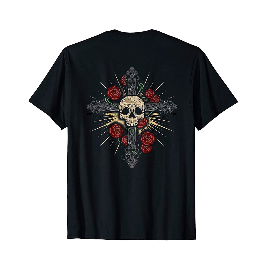 Skull Cross Biker Vintage Motorcycle Shirt Roses Tattoo Ink T-Shirt