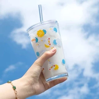 -แก้ว 💗 ถ้วยนมลายเป็ดน้อยน่ารัก 💗 ความจุ 450ml แถมหลอดและฝาปิด! สไตล์เกาหลี🌈ส่งจากไทย🌈
