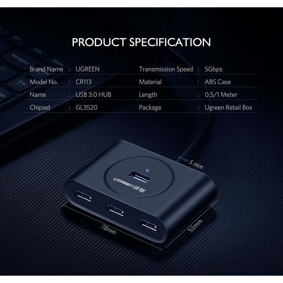 UGREEN 4 Port USB 3.0 Hub To Data Super Speed Extension Extender For