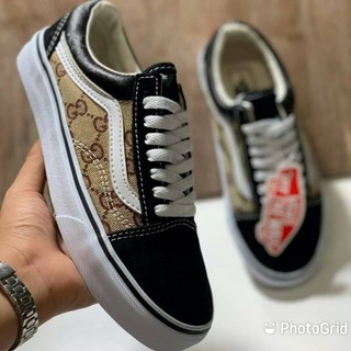 รองเท้าผ้าใบ Vans Black Old Skool x GG Print Pattern Custom Handmade Shoes By Fans Identity