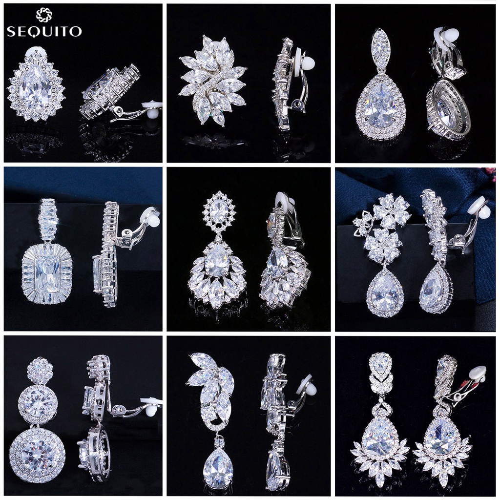 Sequito ต่างหูระย้า ประดับขนนก คริสตัล เพทาย AAA สีขาว ทอง สําหรับเจ้าสาว งานแต่งงาน E744