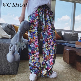 Wg SHOP พร้อมส่ง กางเกงขายาว ขากว้าง พิมพ์ลายการ์ตูน สไตล์เกาหลี สําหรับผู้หญิง