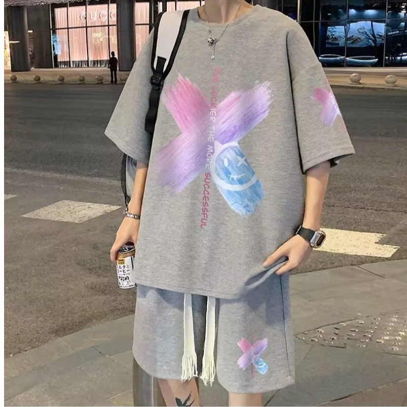 ใหม่ ชุดเสื้อยืดแขนสั้น และกางเกงลําลอง สองชิ้น แฟชั่นฤดูร้อน สําหรับผู้ชาย