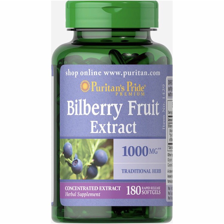 Puritan’s Pride Bilberry 4:1 Extract 1000 mg/ 180 Softgels จากอเมริกา แท้ 100%