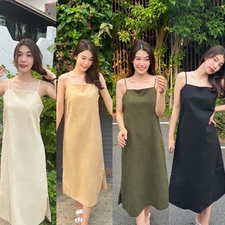 เดรส สายเดี่ยว คอเหลี่ยม แซก สีพื้น,ผ้าฝ้าย,midi dress,ทรงเอ