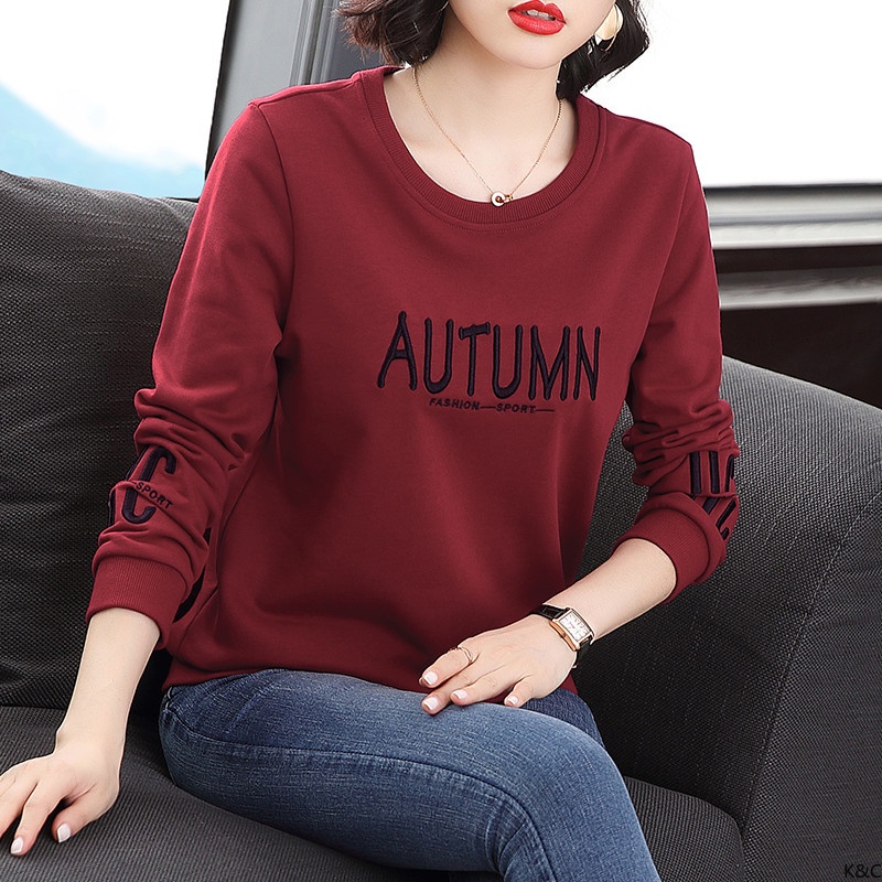~~ เวอร์ชั่นเกาหลีปักรอบคอเสื้อสวมหัวเสื้อยืดผู้หญิงคอกลมแขนยาวด้านบน จุดต่ําสุด เสื้อสาวท็อปส์ของแท้เสื้อผ้าเกาหลีนัก