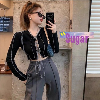 Sugar🌈พร้อมส่ง🌈เสื้อเซ็กซี่ แฟชั่นผู้หญิง เชือกร้อยด้านหน้า ตะเข็บกับด้าน(699)