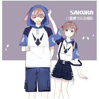 In-stock-Original-design-fox-ear-soft-cute-Japanese-hooded-short-sleeved-T-shirt--couple-friends-casual---summer