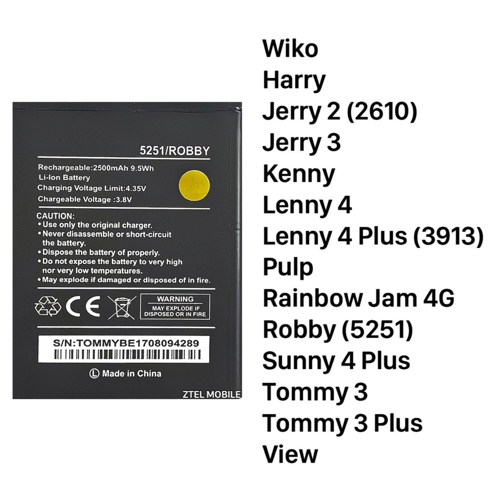 แบตเตอรี่ | Wiko Harry, Jerry 2 (2610), Jerry 3, Kenny, Lenny 4, Lenny 4 Plus (3913), Pulp, Rainbow Jam 4G, Robby (5251)