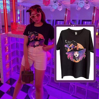 Witch t-shirt เสื้อยืดสีดำ ลายแม่มด ฮาโลวีน โกธิค เสื้อยืด cotton เสื้อ gildan เสื้อยืดลายแม่มดสีม่วง เสื้อ