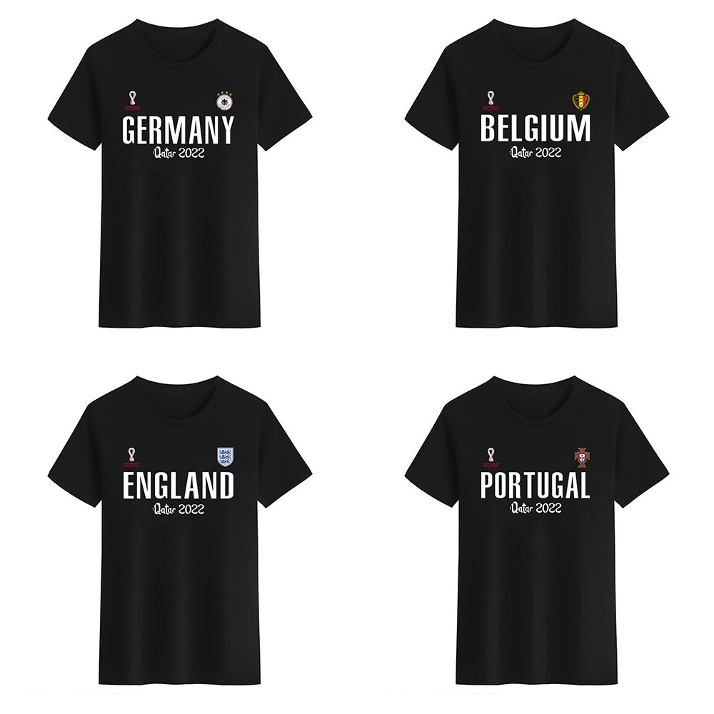 V】เสื้อยืดคอกลม พิมพ์ลาย Qatar World Cup Germany Portugal England Belgium สีดํา สีขาว สําหรับผู้ชาย และผู้หญิ