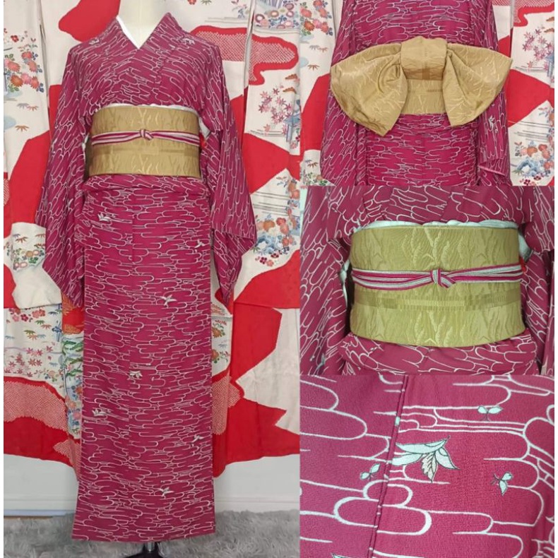 พร้อมส่ง Set Kimono ชุดกิโมโนสีแดงอมชมพู มือสองจากญี่ปุ่น