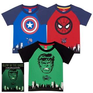 Marvel Boy Glow In The Dark T-Shirt - มาร์เวล เทคนิคเรืองแสงในที่มืดลายสไปเดอร์แมน กับตันอเมริกา ฮัค สินค้าลิขสิทธ์แท้100% characters studio