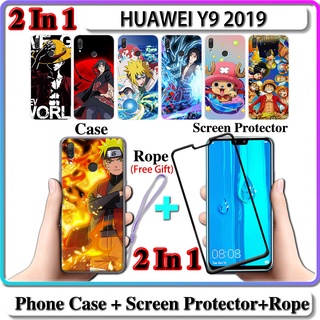 2 IN 1 เคส HUAWEI Y9 2019 เคส พร้อมกระจกนิรภัยโค้ง ป้องกันหน้าจอเซรามิค นารูโตะ และวันพีช