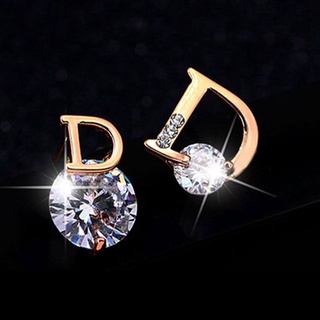 Korean Version of Silver Needle D Letter Earrings Wild High-end Super Flash Earrings Personality Asymmetric Zircon Earrings Earrings Womens Light Luxury Earrings Out Fashion Accessories