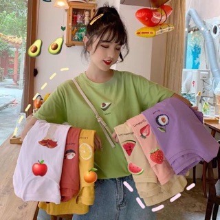 Family 🎶 เสื้อยืดคอกลม ลายผลไม้ 🍉🍇🍓🍈🍍 มี 7 สี ผ้านิ่ม ใส่สบาย