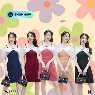 SS18386 Dress เดรสสั้นอกแต่งโบว์ผ้าแก้ว