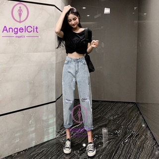 Angelcity※ กางเกงยีนขายาว เอวสูง ทรงหลวม แต่งรอยขาด สีอ่อน แฟชั่นฤดูใบไม้ผลิ และฤดูร้อน สําหรับสตรี