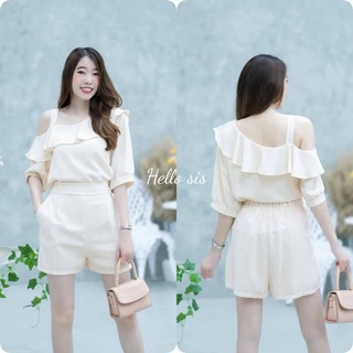 เซ็ท 2 ชิ้นผ้าไหมจูโน่ผ้านิ่มไม่บาง เสื้อสายเดี่ยว 1 ข้าง ระบายหน้า-หลัง + กางเกงขาสั้นเอวสม็อคหลังมีซับใน มีกระเป๋าข้าง
