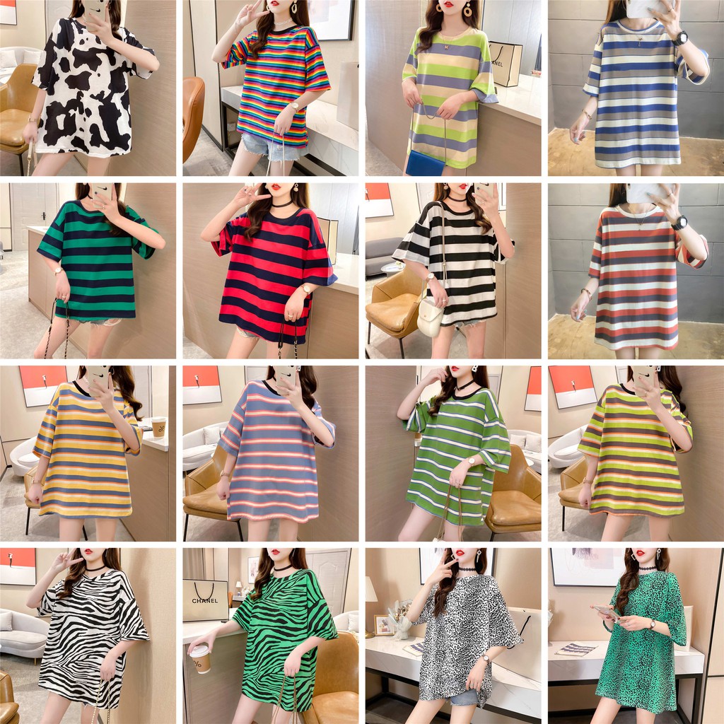 เสื้อยืดแขนสั้น คอกลม oversize แฟชั่นเกาหลี ใส่สบาย ลายม้าลาย ลายเสือดาว ลายทางมีหลายสี
