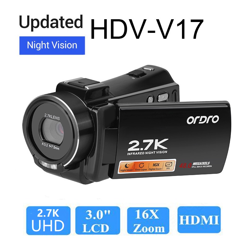 Ordro V17 HDV 2.7K UHD 1080P FHD 3 นิ้ว Touch Sceen 48MP 16X ซูม Night Vision กล้อง DV กล้องวิดีโอดิ