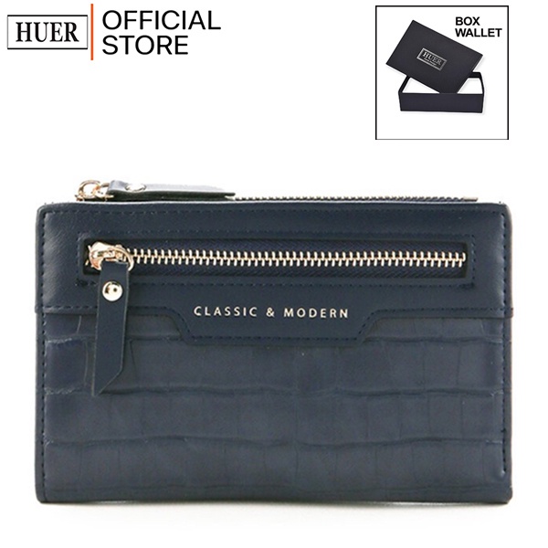 HUER ~ Tieny Croc นูน Medium Bi Fold Wallet พร้อมกล่อง 9446-201Navy