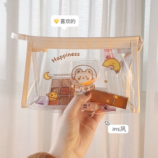 กระเป๋าเครื่องสําอาง PVC สีใส ลายการ์ตูนหมี จุของได้เยอะ สำหรับผู้หญิง