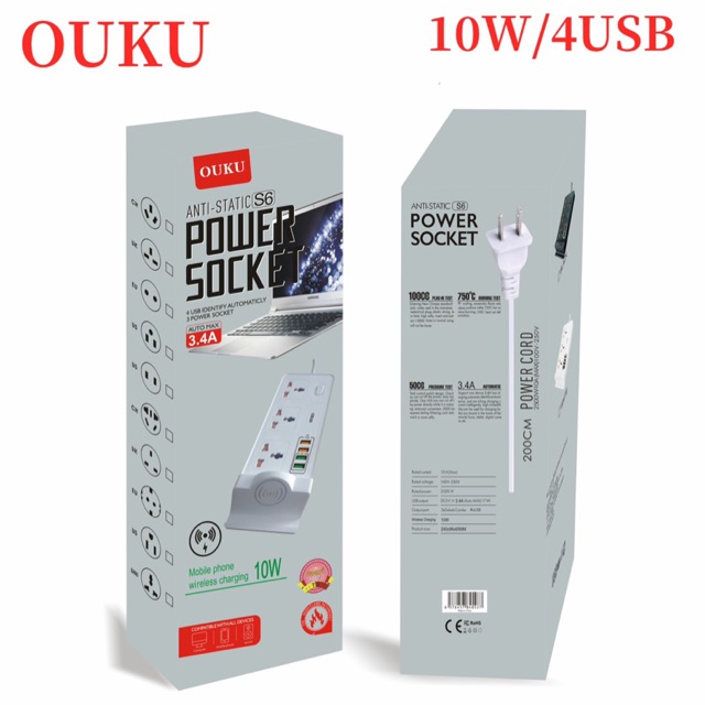 OUkU S6 3 Power Socket 4USB พร้อม Wrieless Charger 10W