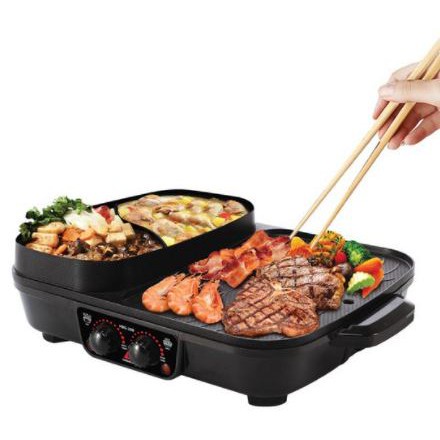 HANABISHI ฮานาบิซิ เตาบาร์บีคิว หม้อชาบู 3 in1 รุ่น HBG-200 มี2ช่องแบ่งน้ำซุป เตาหมูกระทะ เตาปิ้งย่าง มีรูระบายน้ำมัน